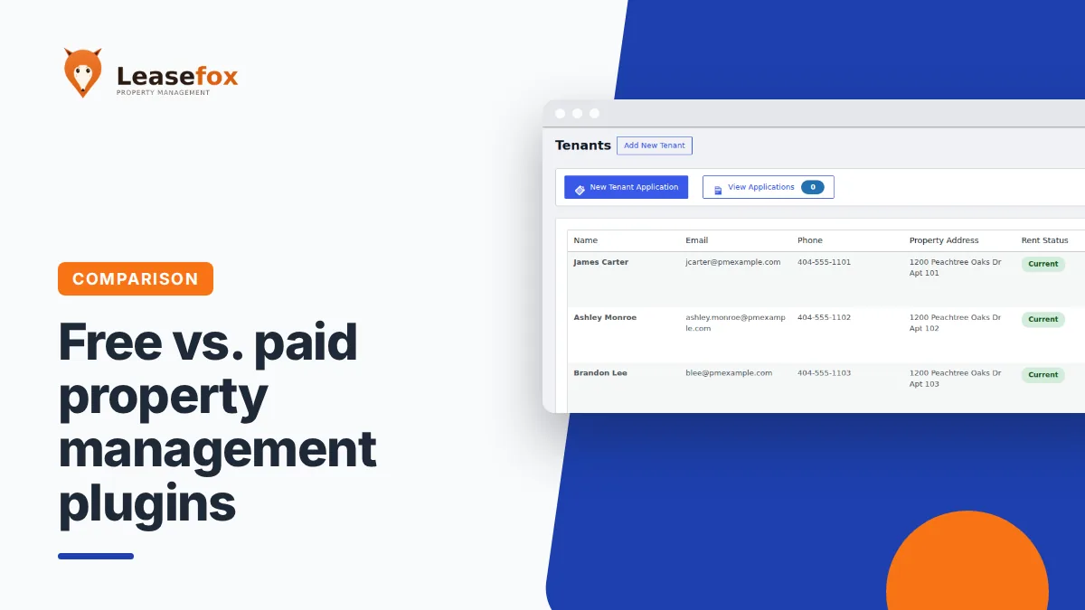 Free WordPress property management plugins vs. paid, with LeaseFox tenants list screenshot
