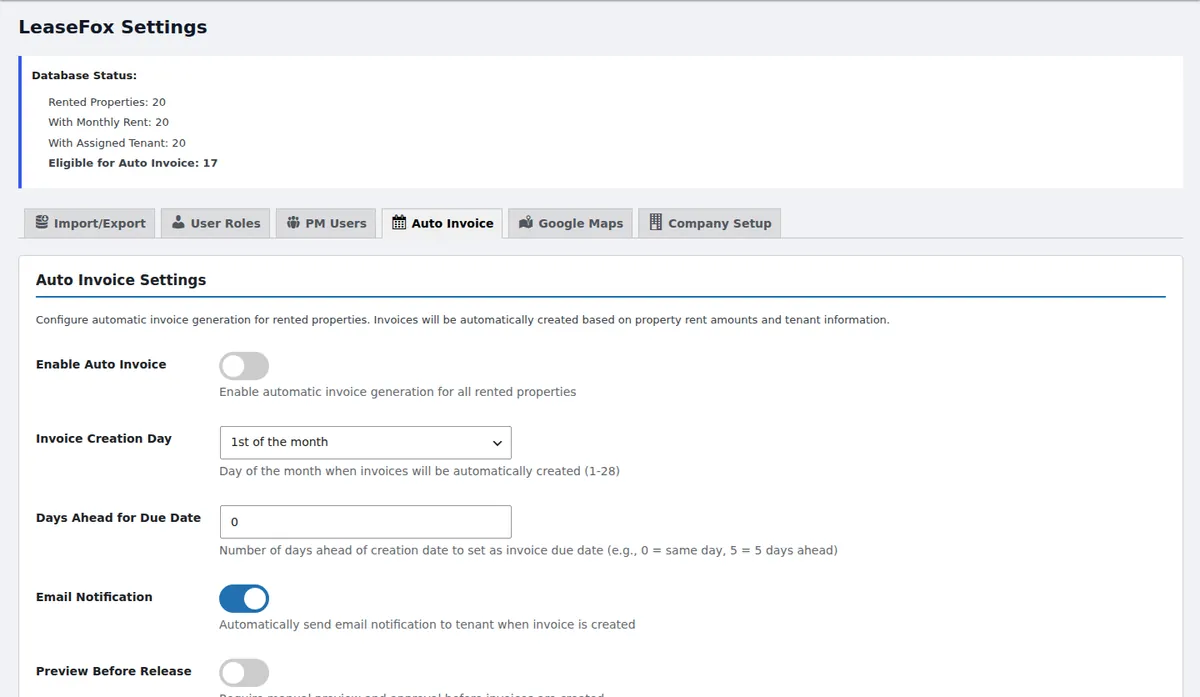 LeaseFox auto invoice settings with invoice creation day, due date offset and tenant email notification
