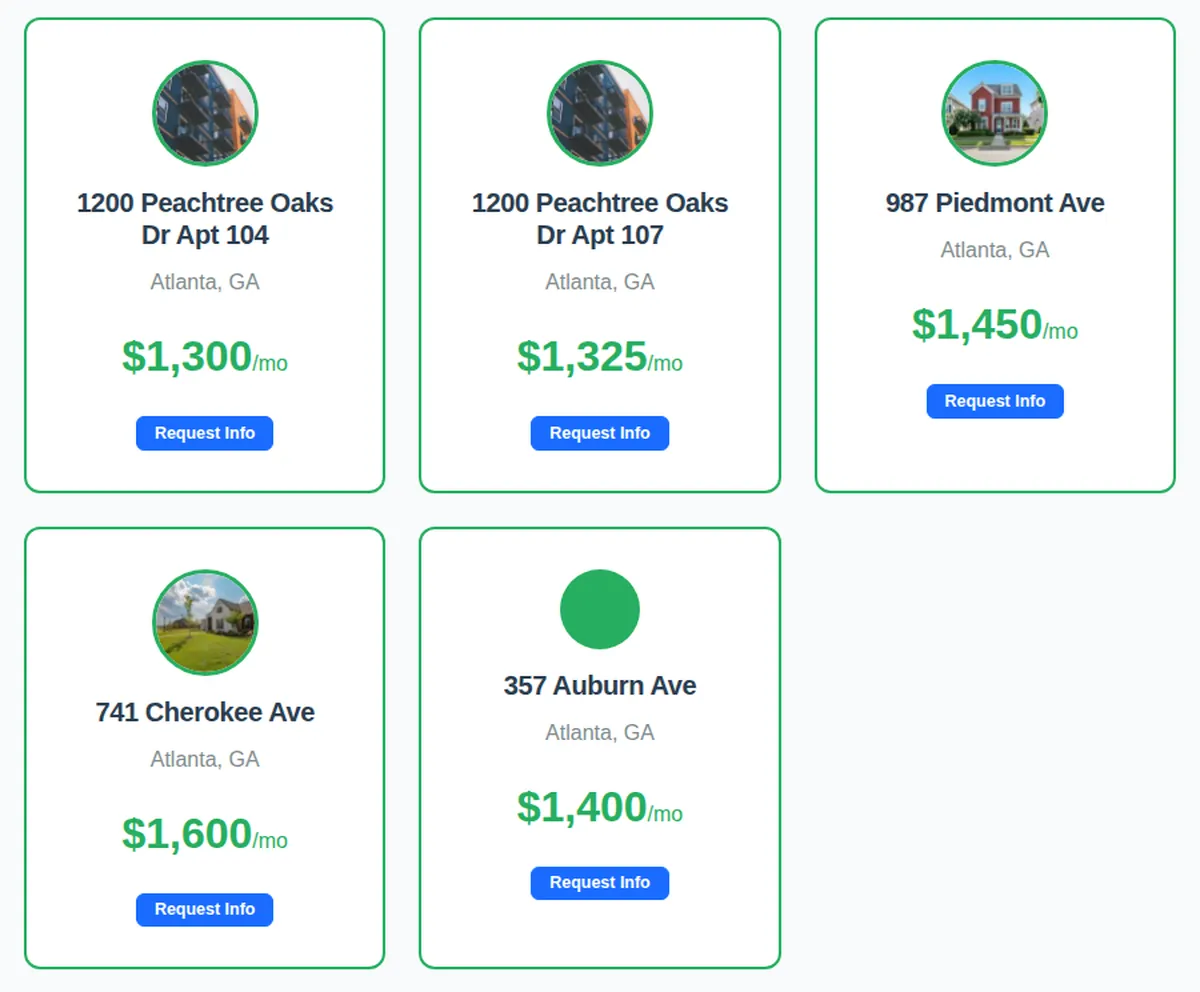 Available rental properties page built with LeaseFox showing addresses, monthly rent and Request Info buttons