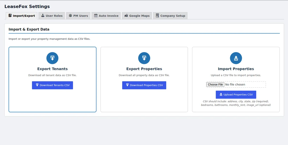LeaseFox import and export screen with tenant and property CSV export and property CSV import