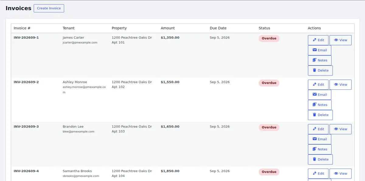 LeaseFox rent invoices list with amounts, due dates and overdue status labels