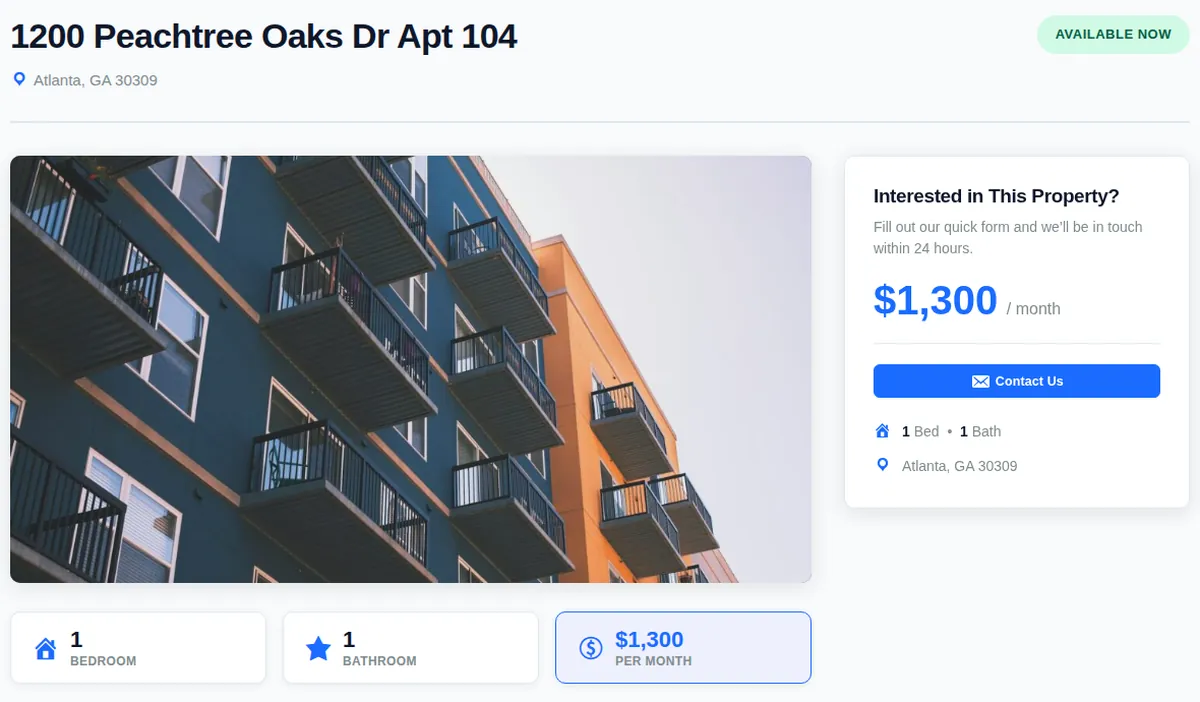 LeaseFox rental listing page with property photo, monthly rent, bedrooms, bathrooms and inquiry button