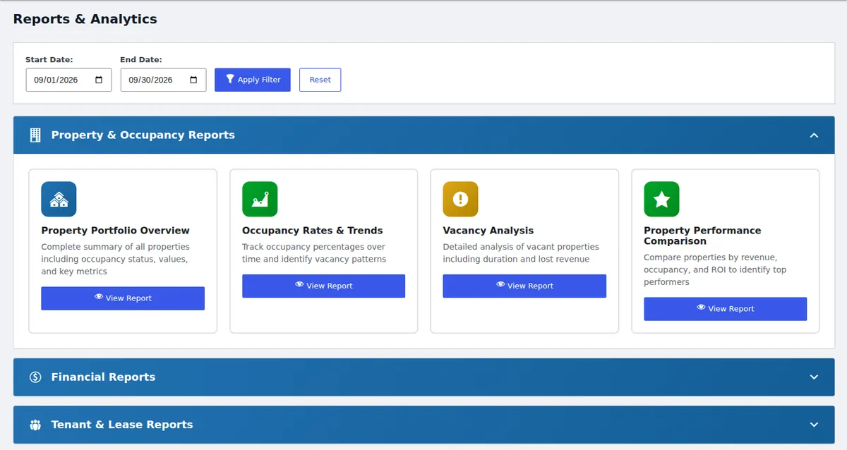 LeaseFox reports screen with portfolio overview, occupancy, vacancy and performance reports and a date filter